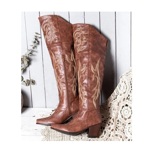VOMIRA Knee High Cowboy Boots for Women Pointed Toe Chunky Cork Heel - Picture 1 of 7